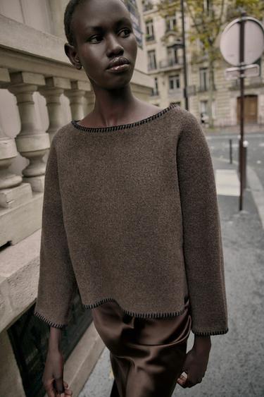 PULL EN MAILLE AVEC SURPIQÛRES EN CONTRASTE - Marron / Taupe de Zara - Image 4