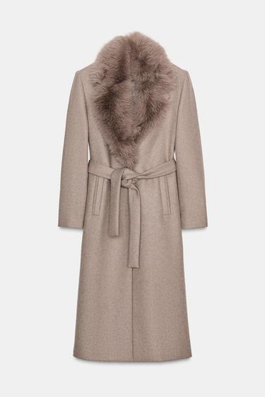 WOOL COAT WITH FAUX FUR LAPEL AND BELT - Light mink by Zara