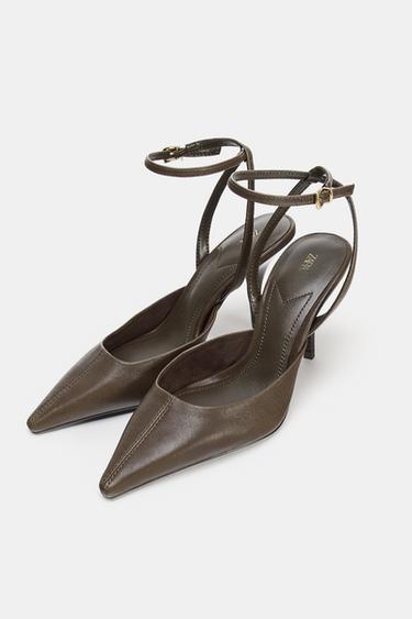 LEATHER SLINGBACK HEELS WITH ANKLE STRAP - Mink Grey by Zara - Image 4