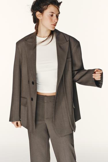 OVERSIZE STRIPED DOUBLE FABRIC BLAZER - Brown / Ecru by Zara - Image 2