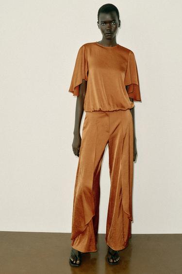 SOEPELVALLENDE WIJDE BROEK MET RUCHES - Oranjebruin van Zara