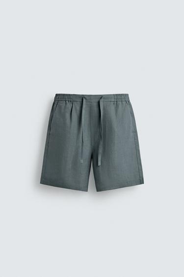 Zara REGULAR FIT LINEN SHORTS - Gray green