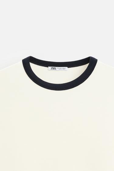 Zara BASIC CONTRAST RIBBED T-SHIRT - Oyster-white