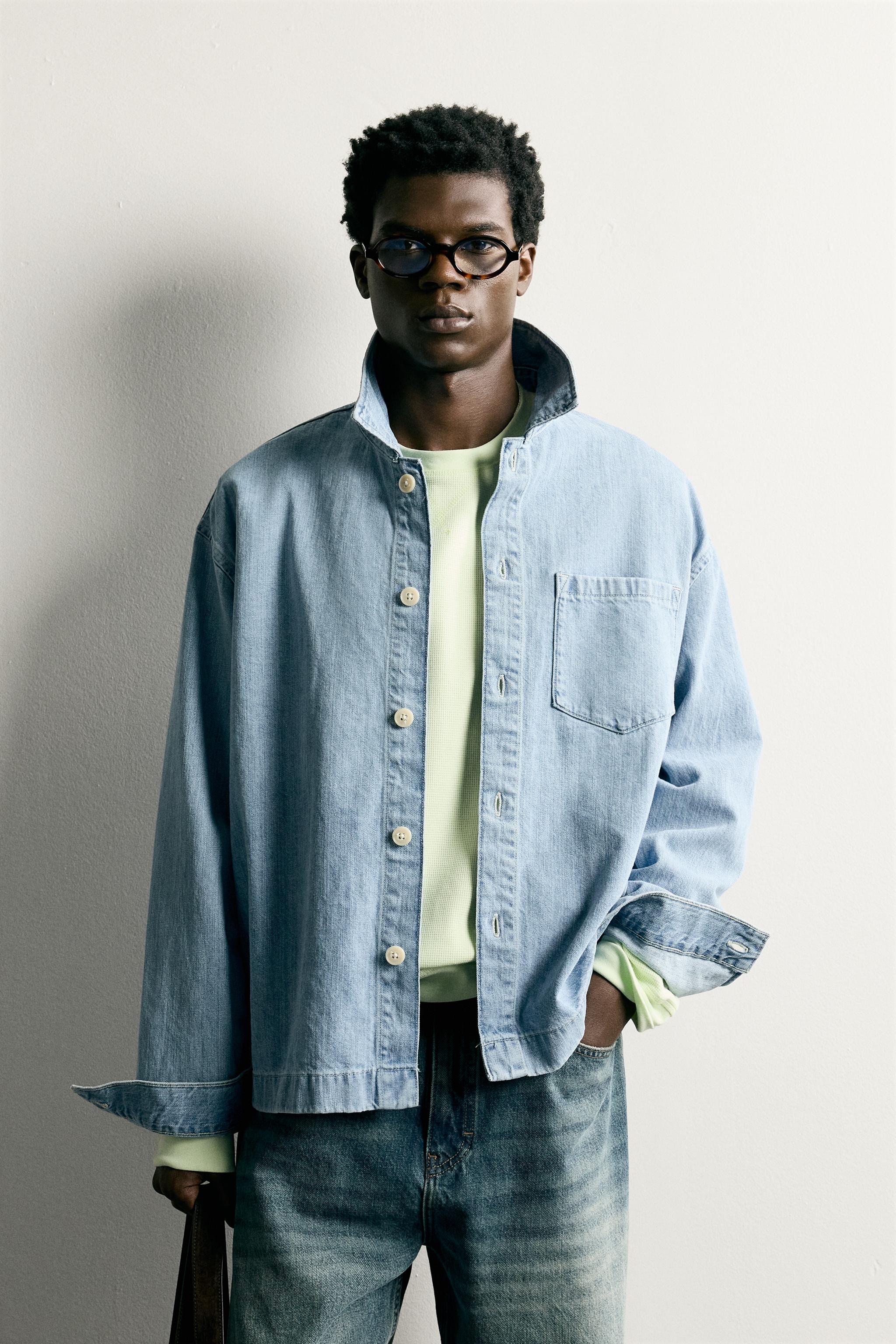 BOXY FIT DENIM SHIRT — Mid-blue