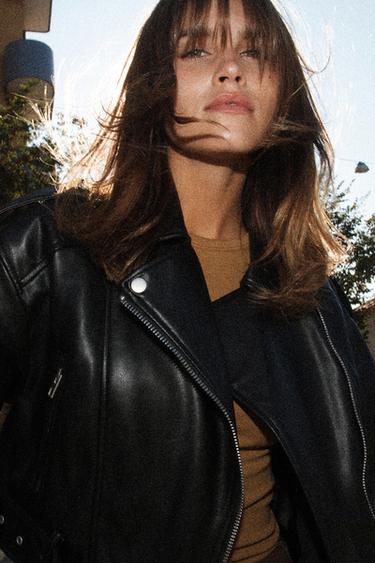 LEATHER EFFECT CROPPED BIKER JACKET - Black by Zara - Image 3