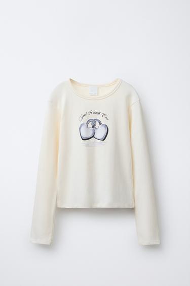 Zara HEART PADLOCK PRINT T-SHIRT - White