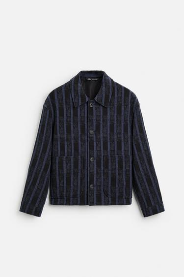 Zara STRIPED JACQUARD JACKET - Navy blue