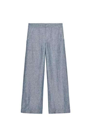 PANTALÓN WIDE LEG CON LINO ZW COLLECTION - Azul de Zara
