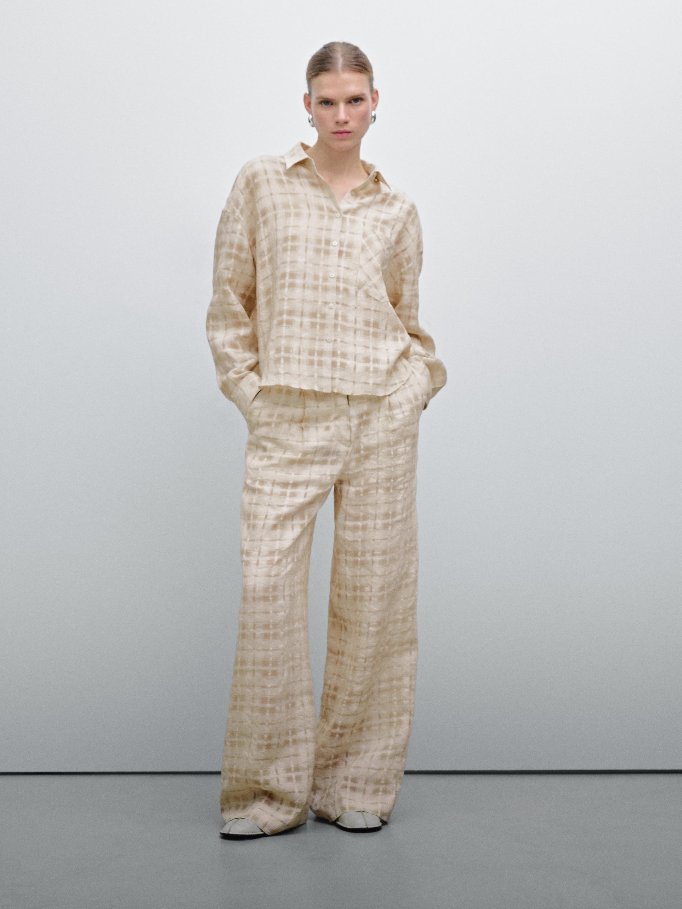 Flowing linen blend check shirt - Ecru | ZARA United States