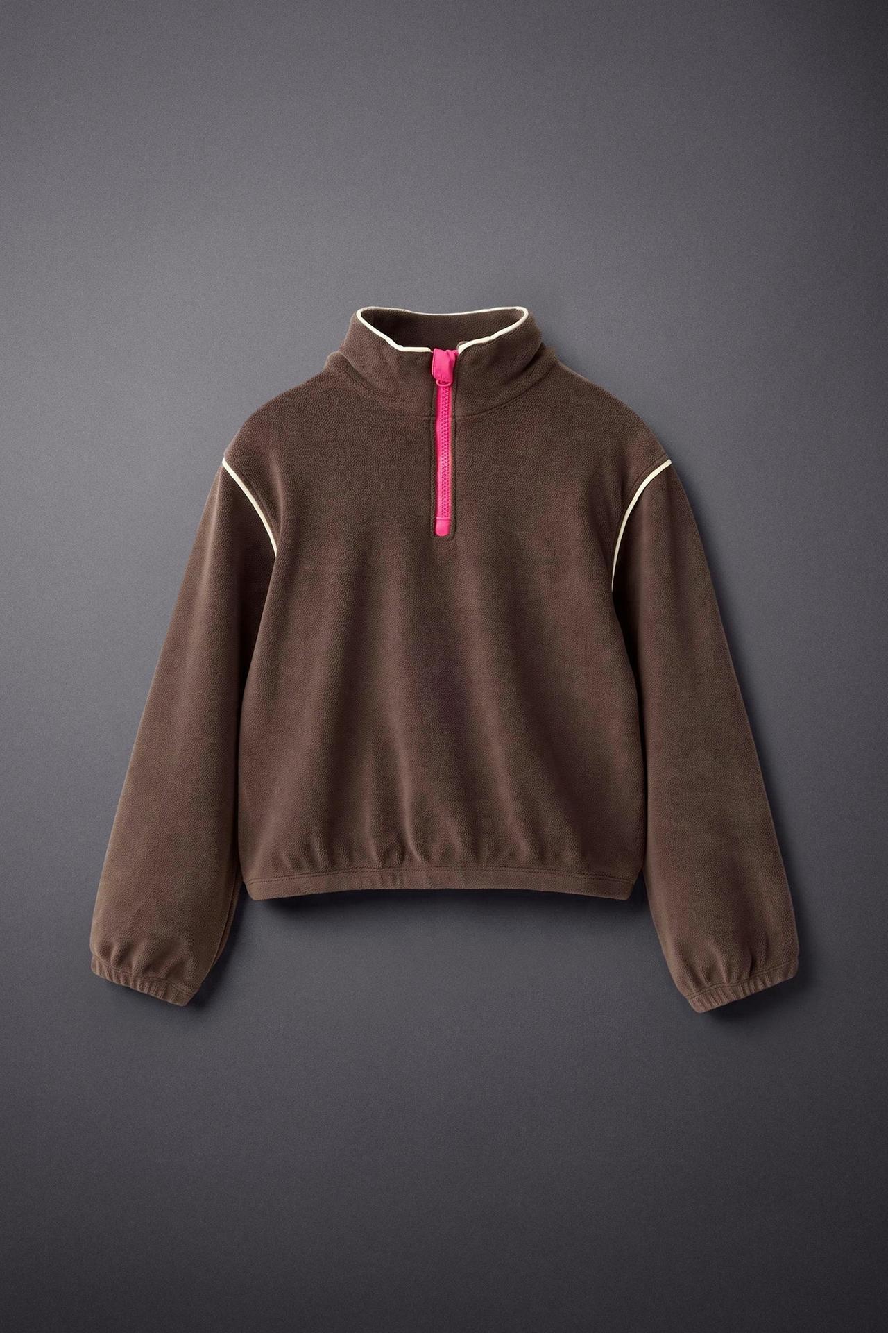CONTRAST PIPING FLEECE SWEATSHIRT — Brown