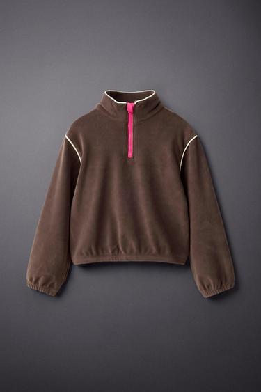 CONTRAST PIPING FLEECE SWEATSHIRT — Brown 1