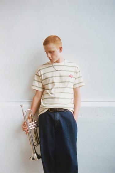 Zara STRIPED PATCH T-SHIRT - Green