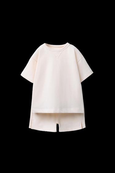 Zara PLAIN T-SHIRT AND BERMUDA JOGGING SET - Ecru - Image 0