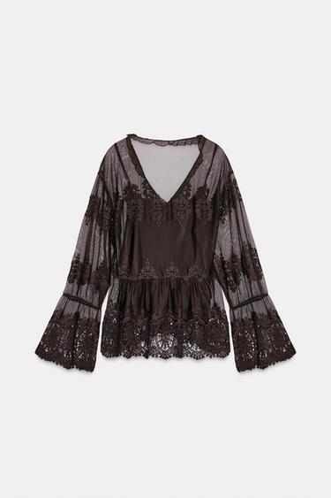 BLOUSE TULLE BRODÉ - Marron de Zara - Image 6