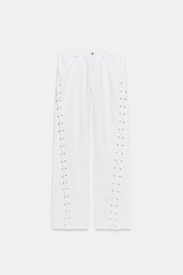 JEAN DROIT À LACETS DENIM TRF TAILLE MI-HAUTE - Blanc de Zara - Image 8