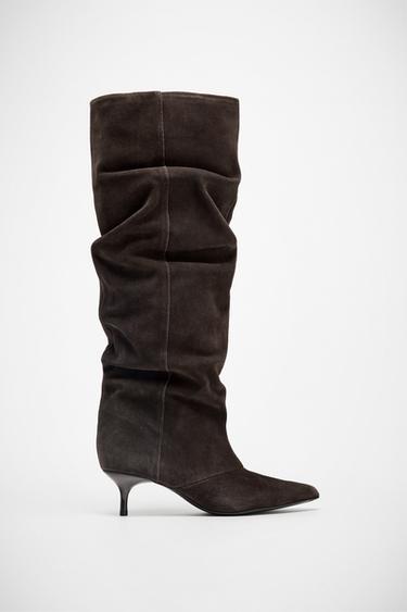 KITTEN-HEEL SPLIT SUEDE BOOTS - Brown by Zara