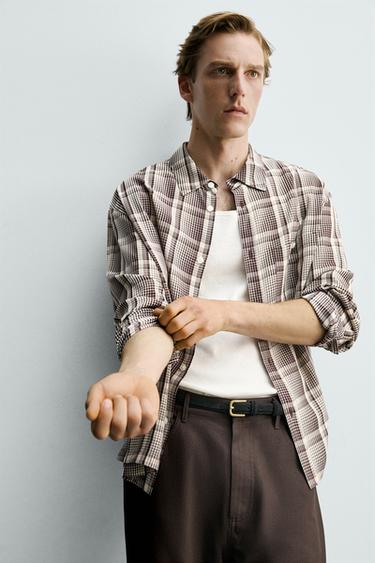 FLOWING CHECK SHIRT - Wine by Zara - Image 4