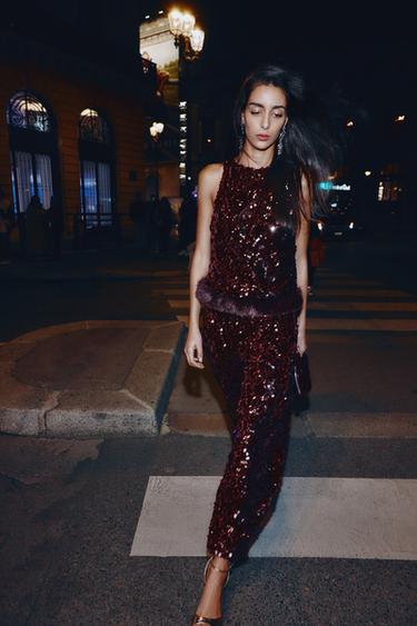 BARREL-HOSE MIT PAILLETTEN - Granatrot von Zara