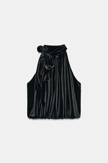 VELVET HALTER TOP WITH BOW - Black by Zara
