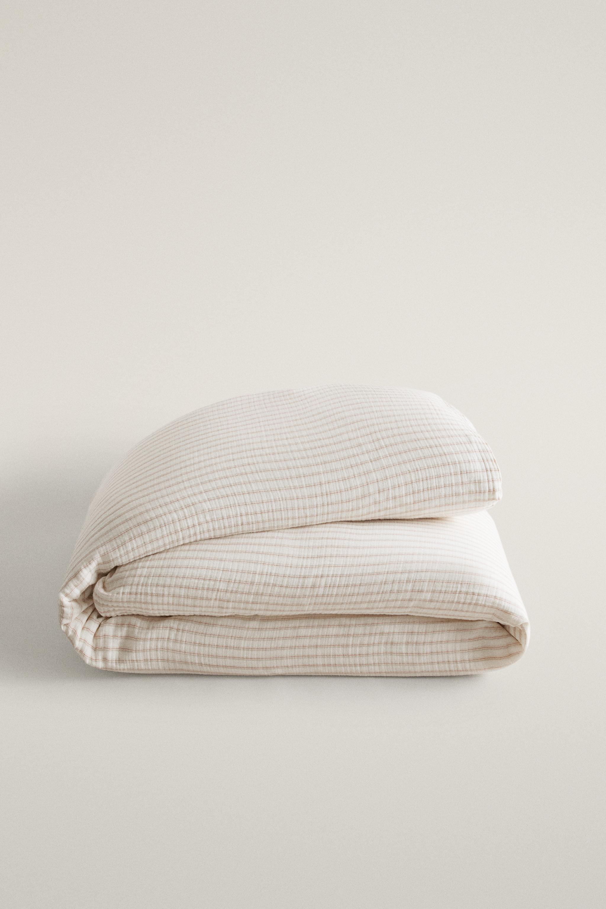 KIDS' STRIPED CHIFFON COTTON DUVET COVER — Oyster-white