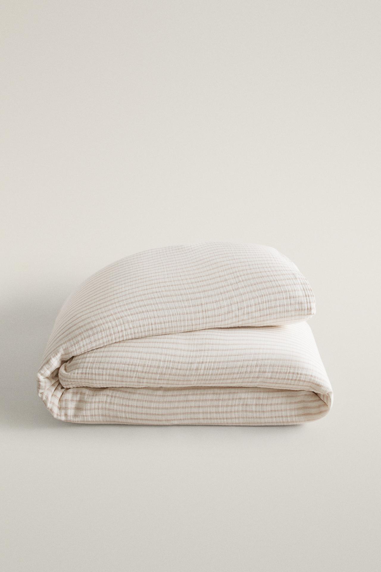 KIDS' STRIPED CHIFFON COTTON DUVET COVER — Oyster-white