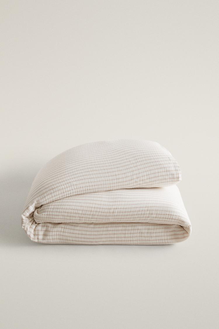 KIDS' STRIPED CHIFFON COTTON DUVET COVER — Oyster-white