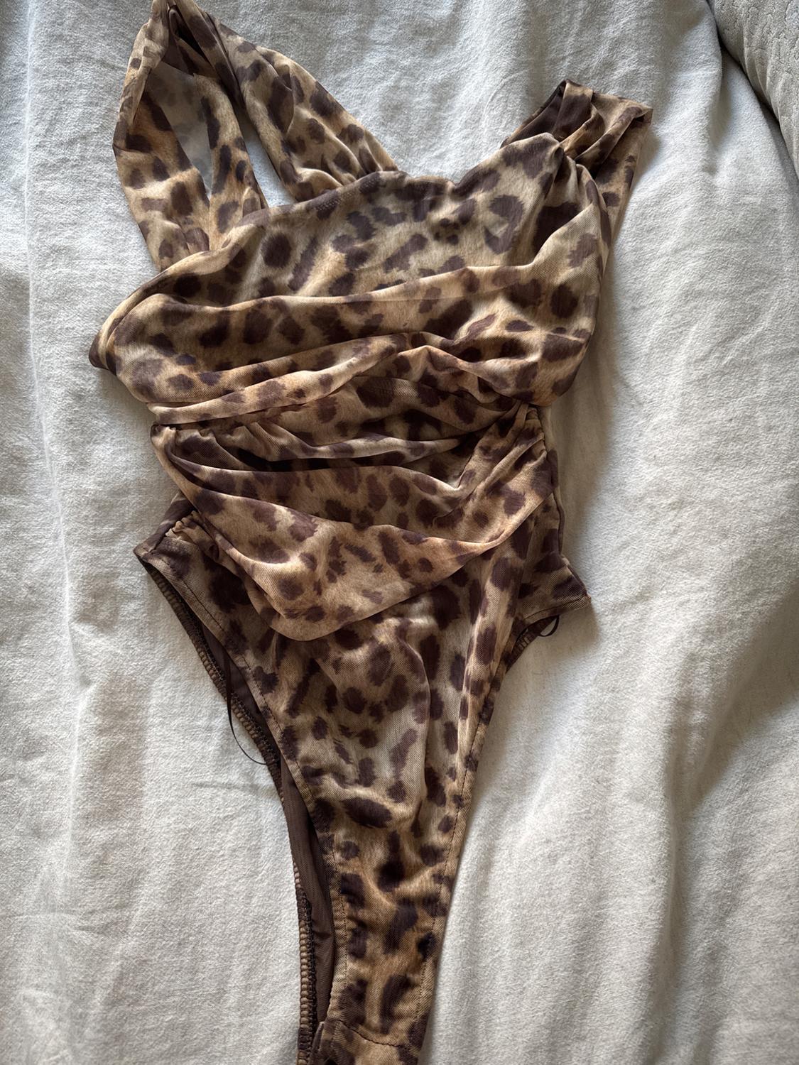 ANIMAL PRINT DRAPED TULLE BODYSUIT