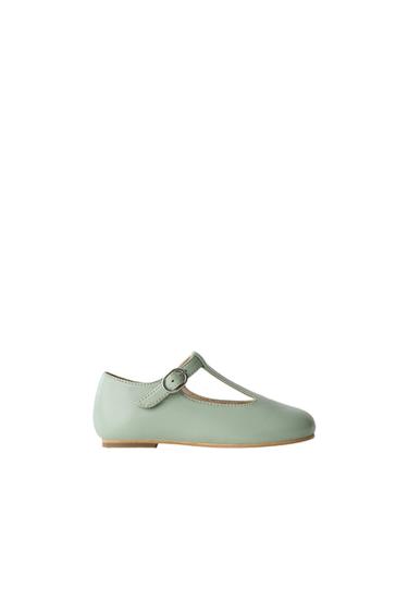 Zara LIMITED EDITION T-STRAP LEATHER BALLET FLATS - Green