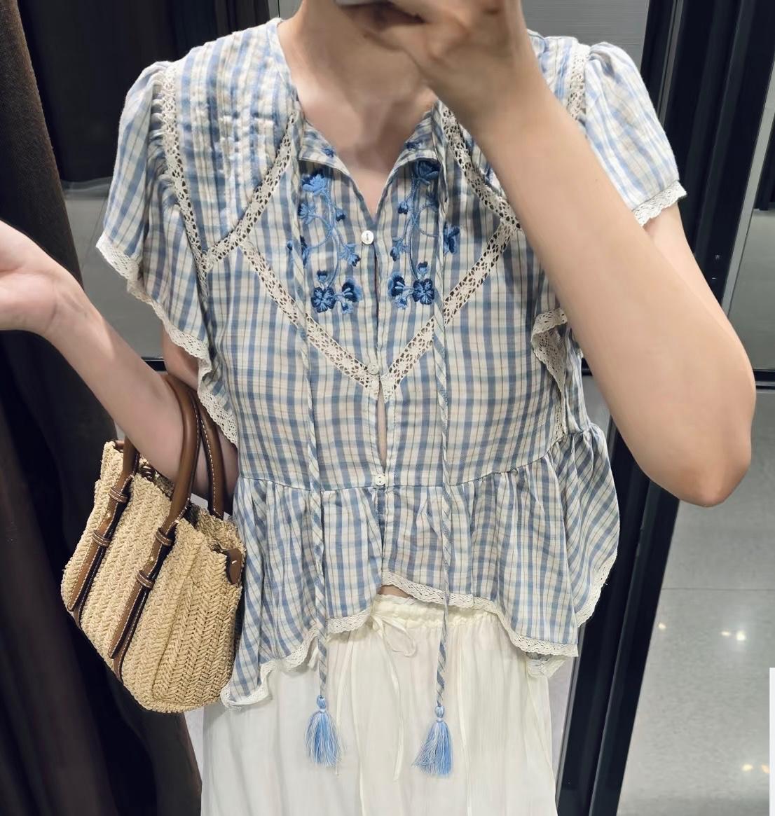 EMBROIDERED PLAID LACE INSERT TOP - Image 5