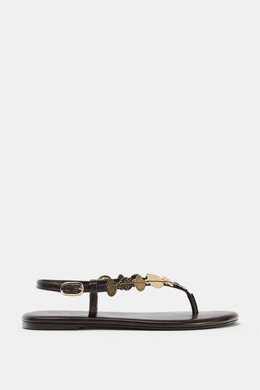 FLAT SANDALS WITH METAL EMBELLISHMENTS - Chocolate Brown by Zara - Image 2