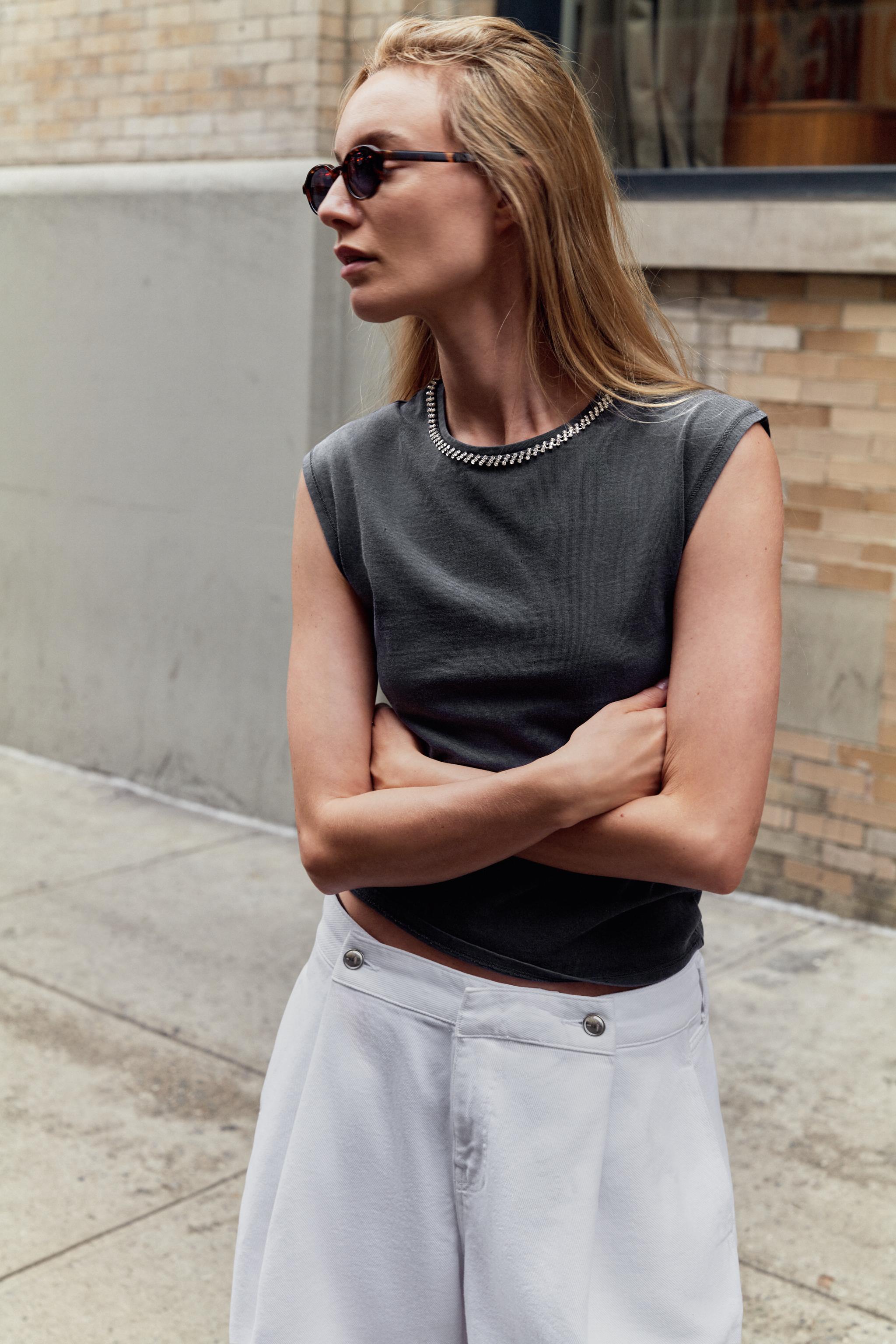 WASHED EFFECT JEWEL T-SHIRT — Anthracite grey