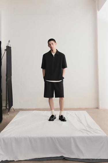 Zara 交織標籤百慕達短褲 - 黑色