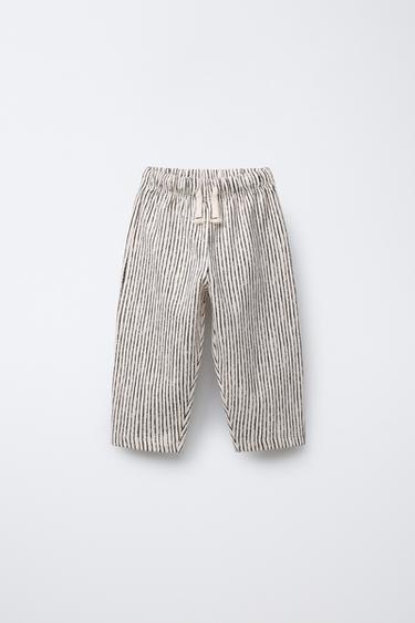 Zara STRIPED FLEECE STRAIGHT-LEG PANTS - Ecru