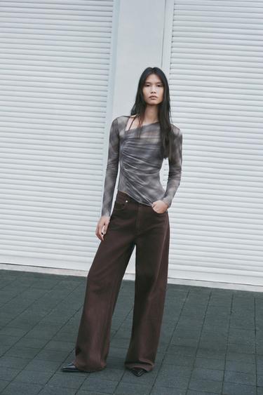 Zara TRF EXTRA WIDE LEG 高腰牛仔褲 - 棕色