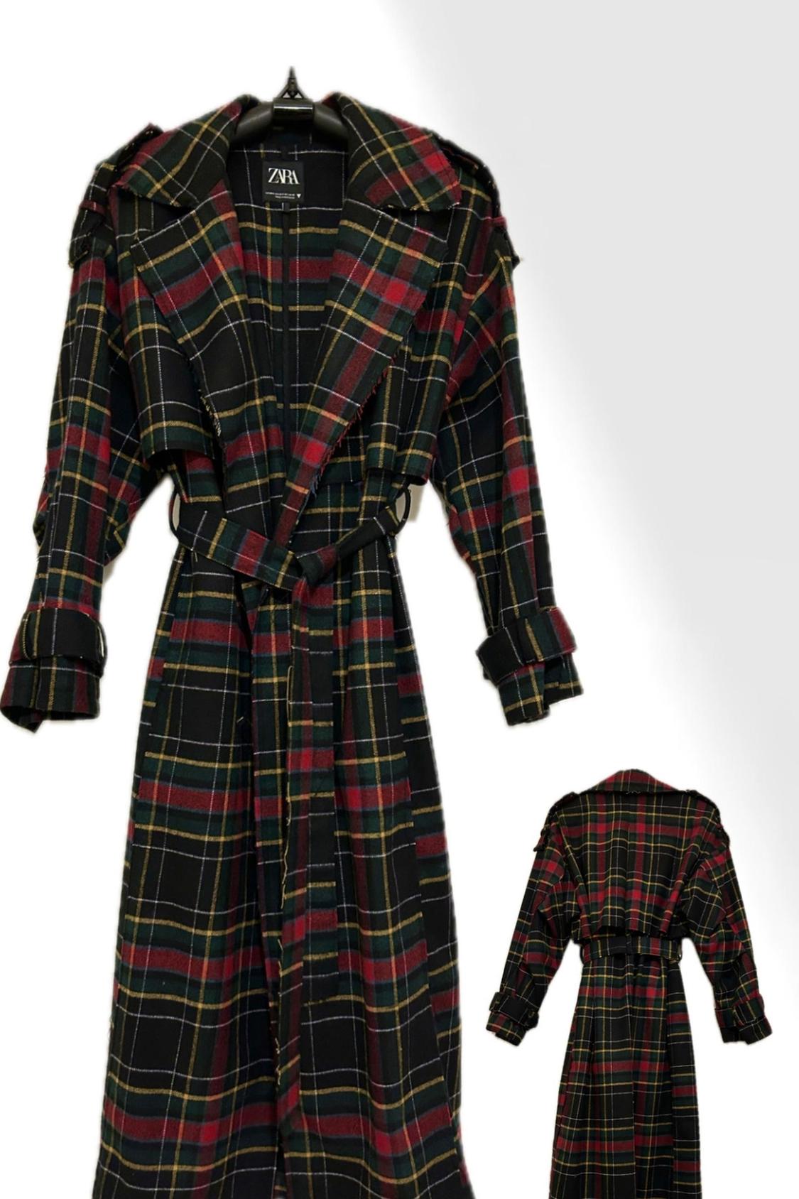 LONG CHECK FELT TEXTURE TRENCH COAT - Image 3