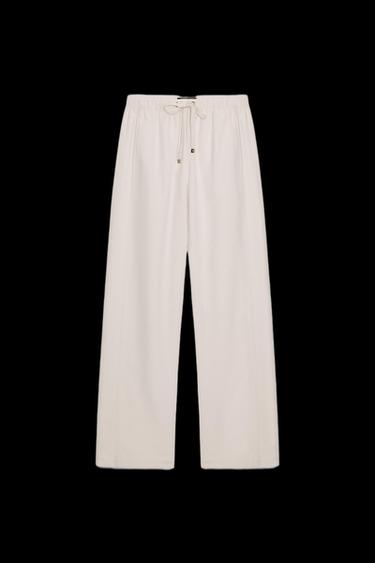 Zara ELASTIC WAIST WIDE LEG PANTS - Ecru