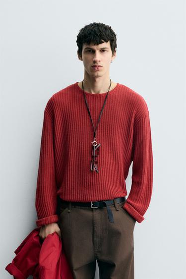 Zara TEXTURED KNIT SWEATER - Brick