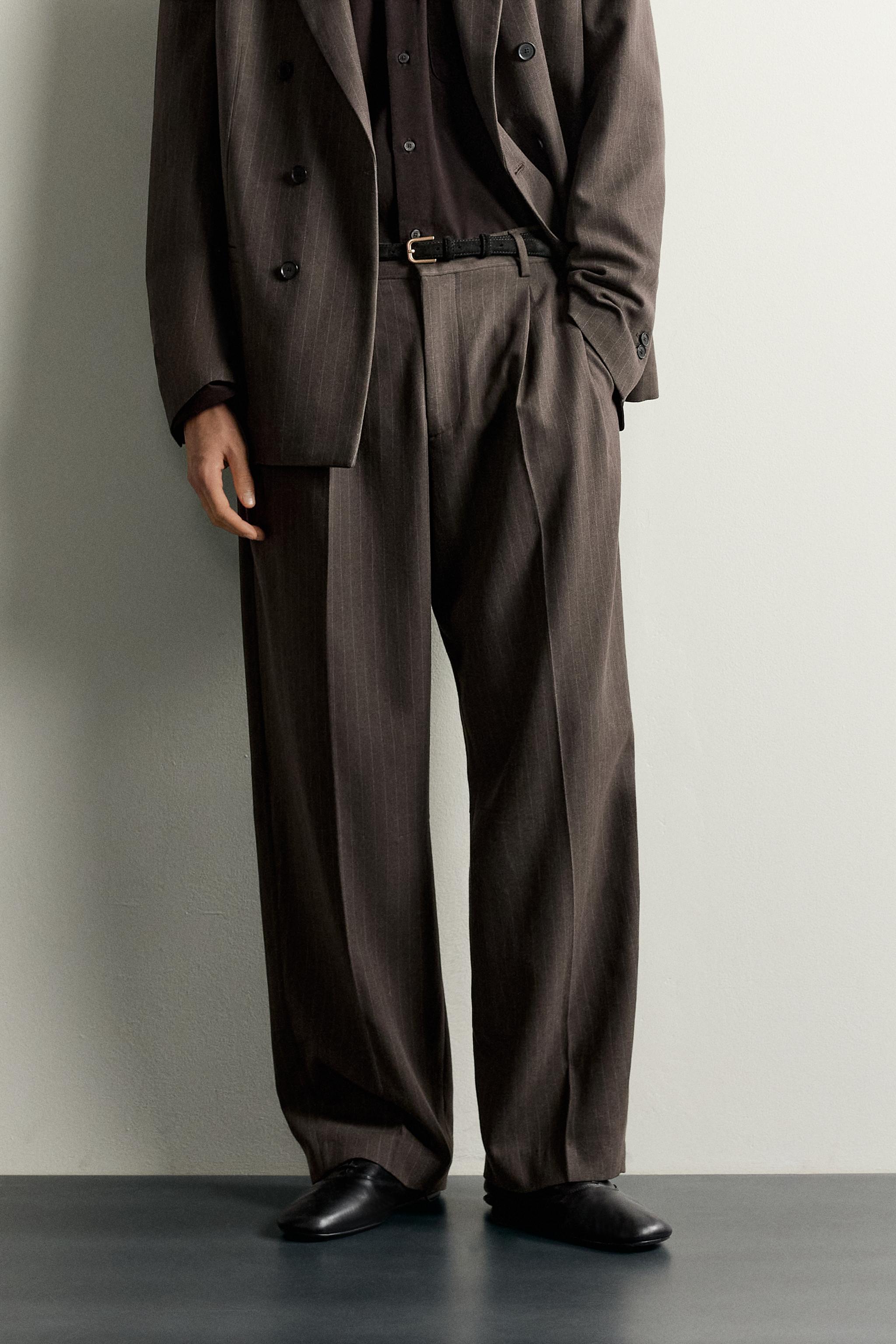 PINSTRIPE PLEATED SUIT PANTS