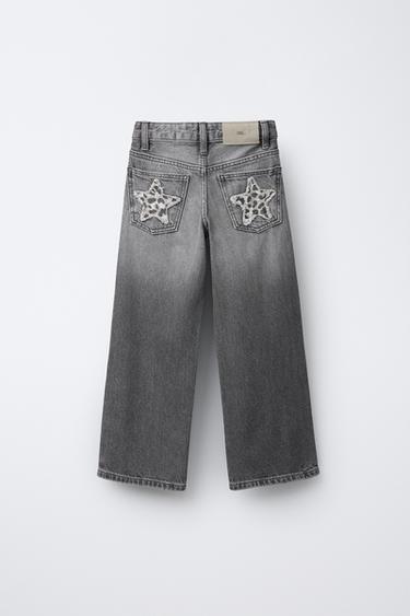 WIDE-LEG JEANS WITH ANIMAL PRINT STARS - Grey by Zara - Image 1
