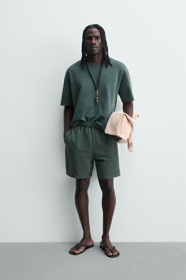 Zara 華夫格紋理水洗短褲 - 綠色