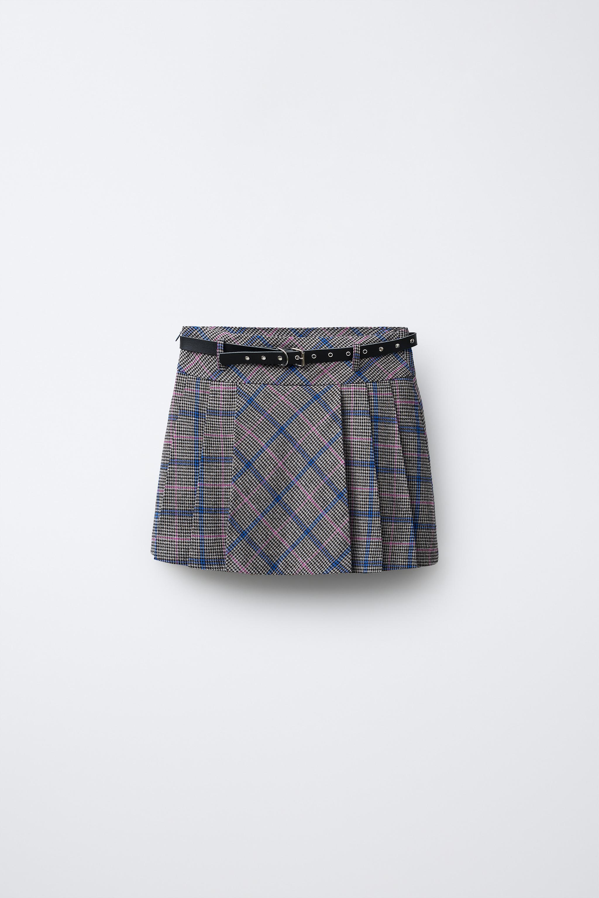 PLAID PLEATED SKIRT WITH STUDDED BELT