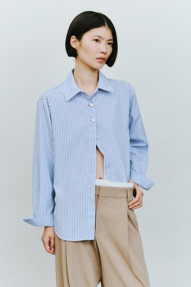 STRIPED POPLIN SHIRT WITH CONTRASTING BUTTONS - Light blue by Zara