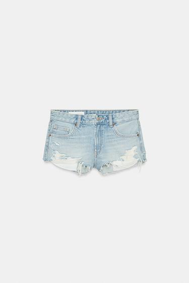 Zara RIPPED MID-RISE TRF DENIM SHORTS - Light blue