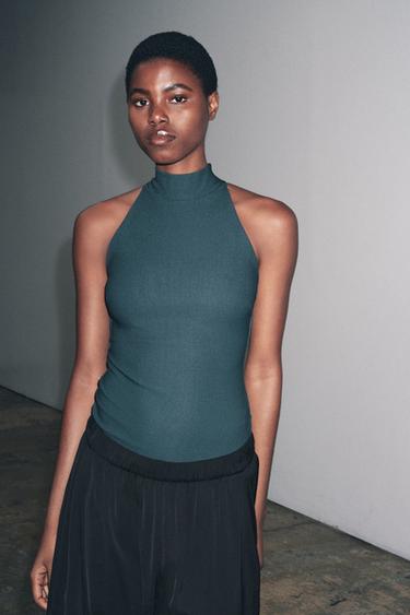 Zara CREPE HALTER TOP - Petrol blue