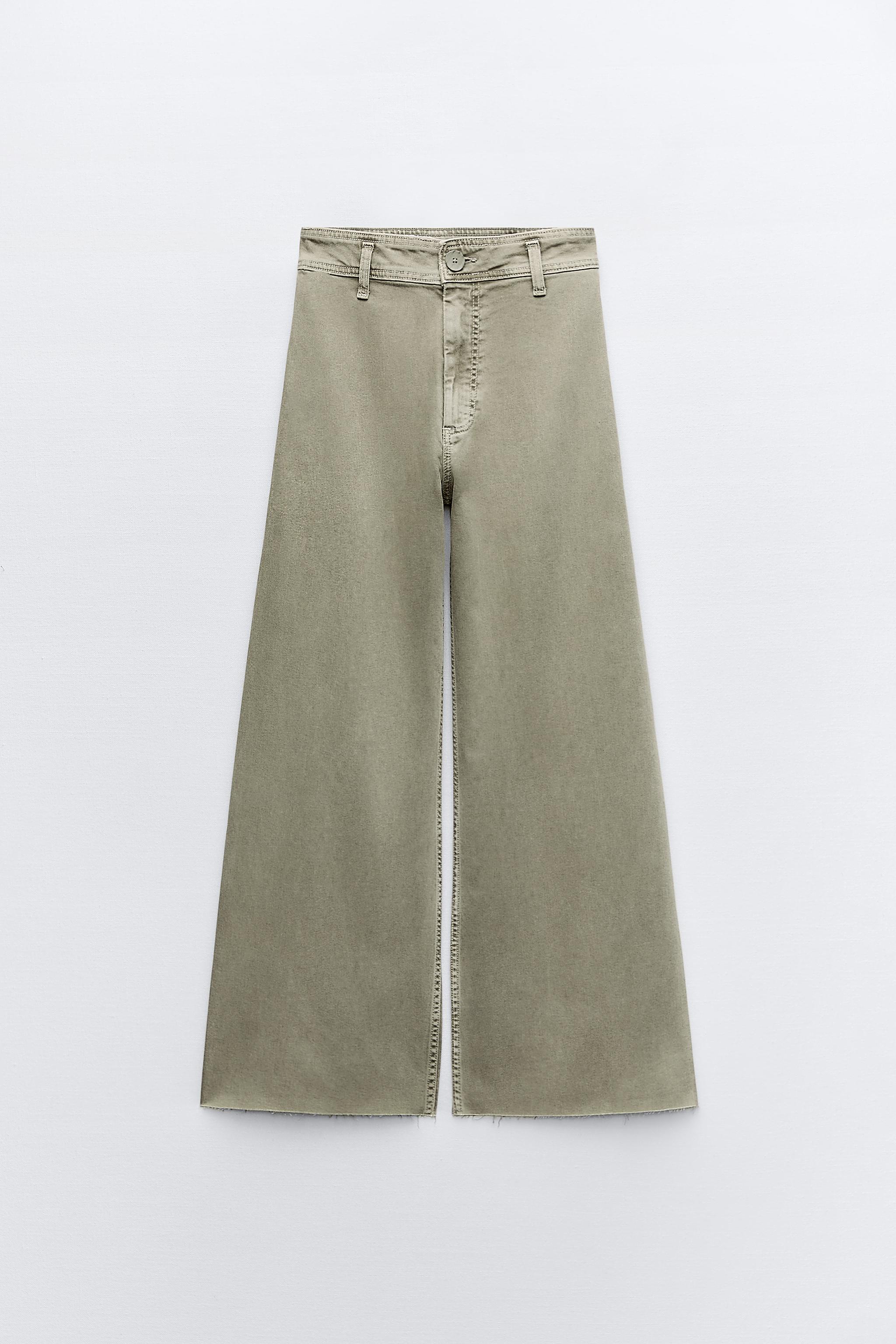 Zara Womens Dark Green Linen High Rise Drawstring Straight Pants