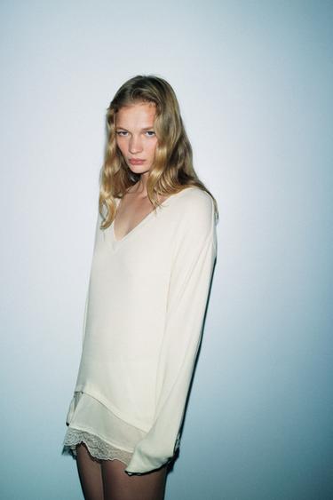 CONTRAST LACE T-SHIRT - Ecru by Zara