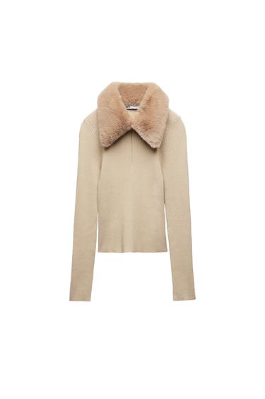 KNIT SWEATER WITH FAUX FUR LAPEL COLLAR