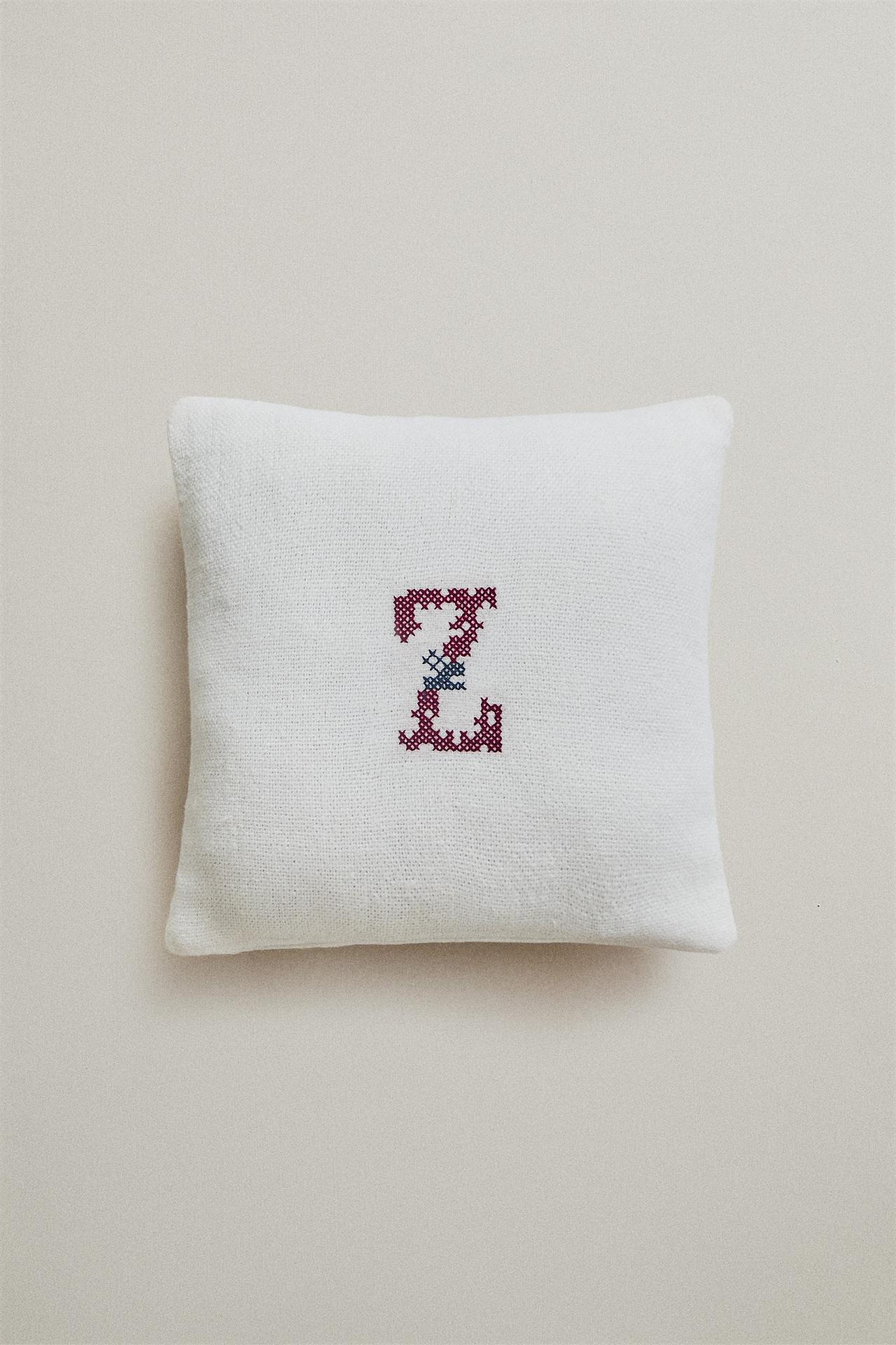 LINEN EMBROIDERED LETTER Z CUSHION — Ecru
