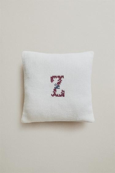 LINEN EMBROIDERED LETTER Z CUSHION — Ecru 1