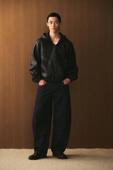 Zara 連帽人造皮革夾克 - 黑色